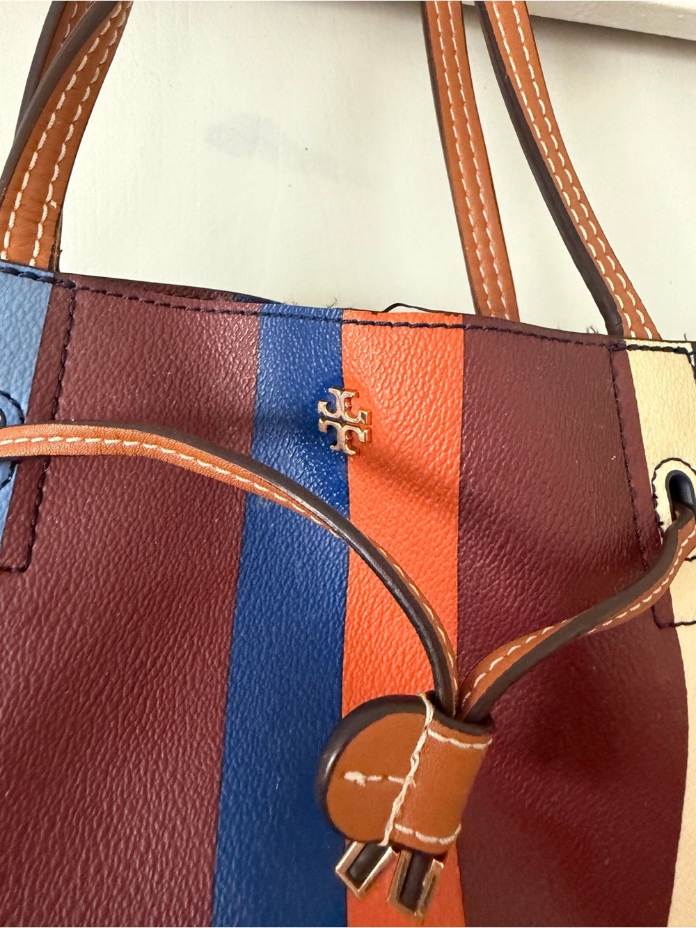 Tory Burch Navy Blue Multi-Stripe Leather Tote - Picture 2 of 5